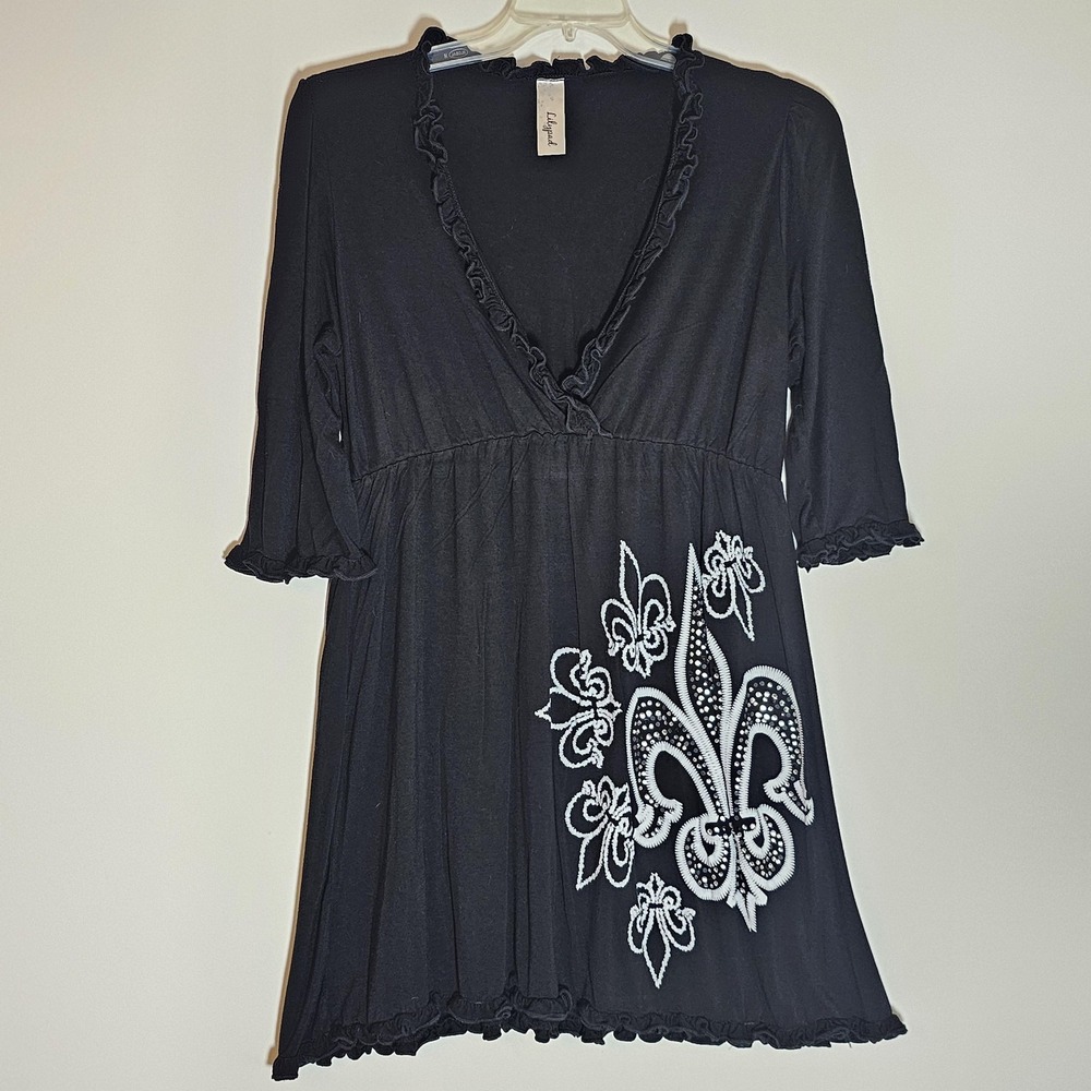 Lilypad Tunic Top Womens XL Black White Fleur‎ de Lis Embellished 3/4 Sleeve USA